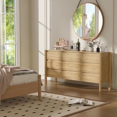 CHUWELL Dresser for Bedroom, 63" Wide Mid Century Modern Chest of Drawers with 9 Large Storage Space and 4 Solid Wood Cylindrical Legs, 9 Drawer Large Dresser for Bedroom(Oak) - Image 3