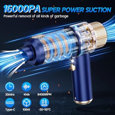 JONYJ Handheld Car Vacuum Cleaner, 16000PA Hand Held Vacuum Portable Cordless, 2 in 1 Air Duster and Vacuum Cleaner with LED Light, Multi-Nozzles, 120W High Power Mini Vacuum for Home, Pet, Office - Image 3