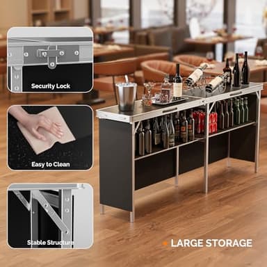VINGLI 78" Portable Bar Table, 2-Tier Shelves, Mobile Bar Table for Events, Party, Camping, Picnic, Tradeshow, Indoor with Black Skirt (1, 78") - Image 4