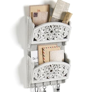 JAZUIHA Mail Organizer with Key Holder,2-Slot Mail Holder with 4 Key Hooks for Wall Decorative, Wooden Hanging Organizer for File Letter in Shelf Home Farmhouse Decor for Entryway Office - Image 1
