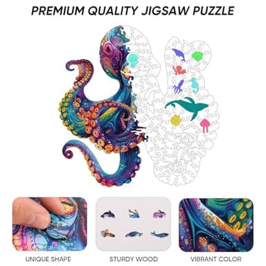 Qiuenisray Wooden Puzzles for Adults, Octopus Ocean Jigsaw Puzzles 200 Pieces Unique Animal Adult Puzzles, Irregular Wood Puzzles Creative Gift for Adults and Kids Family Game (11.2x11.2 in) - Image 4