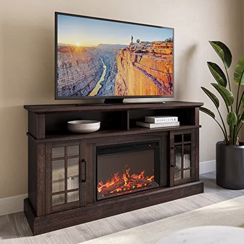 BELLEZE Traditional 58" Rustic TV Stand with 23" Electric Fireplace Heater with Sound, Media Entertainment Center Console Table for TV up to 65" with Open Storage Shelves and Cabinets - Espresso - Image 1