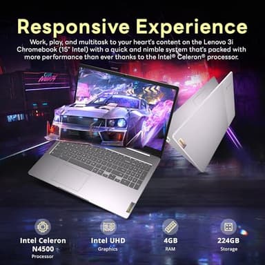 Lenovo Ideapad 3 15.6" FHD Chromebook, Intel Celeron N4500, 4GB RAM, 224GB Storage (64GB SSD+160GB Docking Station Set), Intel UHD Graphics, Full Size Keyboard, Chrome OS, Artic Gray - Image 3