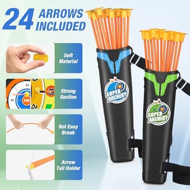 HYES 2 Pack Kids Bow and Arrow with 29" Large Dart Board, LED Light Up Archery Set with 24 Suction Cup Arrows, Indoor Outdoor Sport Toys Gifts for 3 4 5 6 7 8 9 10 11 12 Year Old Boys Girls - Image 3