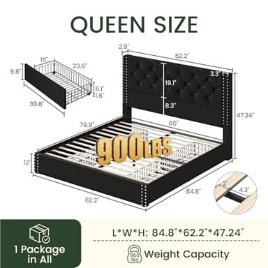 LARMACE Queen Size Platform Bed Frame with 4 Storage Drawers and Tufted Headboard Velvet Upholstered Bed Frame with Heavy Duty Wood Slats, No Box Spring Needed, Easy Assembly, Black - Image 2