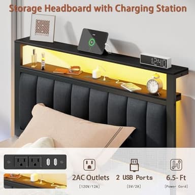 Furnulem Twin Size Bed Frame with Charging Station and LED Lights, Platform Bed with Metal Slats, Grey Upholstered Headboard with 2-Tier Storage Shelves, No Box Spring Needed - Image 8
