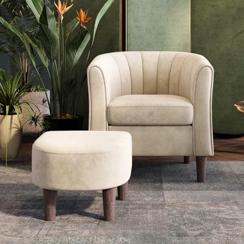LINSY Accent Chair with Ottoman, Modern Barrel Chair Small Armchair Reading Chair with Footrest, Comfy Round Arms Chair for Living Room Bedroom Reading Room, Velvet, Beige - Image 1