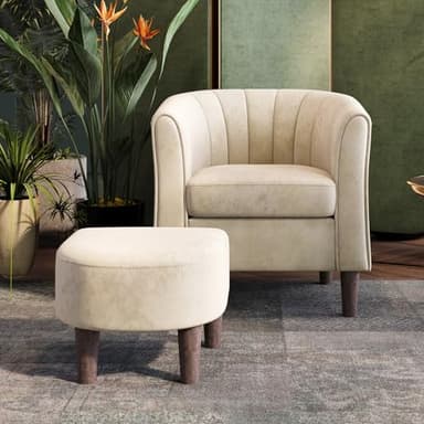 LINSY Accent Chair with Ottoman, Modern Barrel Chair Small Armchair Reading Chair with Footrest, Comfy Round Arms Chair for Living Room Bedroom Reading Room, Velvet, Beige - Image 1