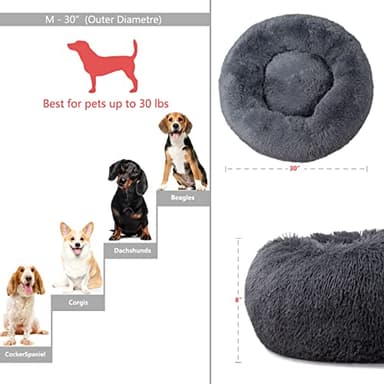 Round Calming Dog Beds for Medium Dogs 30 Inches Anti-Slip Donut Washable Plush Faux Fur Pet Bed fits up to 45 lbs Pets,Dark Gray - Image 3