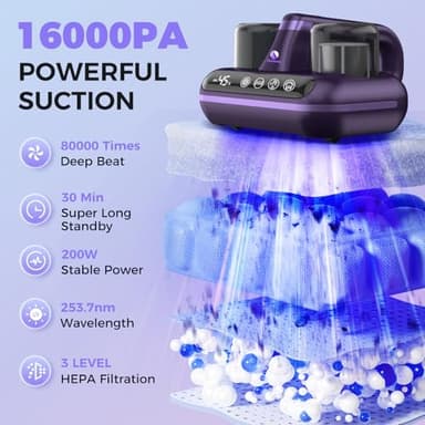 Amzany Mattress Vacuum Cleaner - 5-in-1 Cordless Bed Vacuum Cleaner, Powered by UV-C Light & Ultrasonic Technology, 16Kpa Strong Suction,Low Noise,Suitable for Dust, Pet Hair, Etc - Purple - Image 2