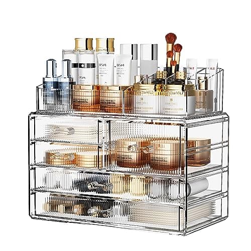 ZHIAI Stackable Storage Drawers, Acrylic Bathroom Counter Organizer Clear Makeup Organizers for Vanity, Kitchen Cabinets, Bathroom, Undersink, Home Organization and Storage (2Top 3 Drawers,) - Image 1