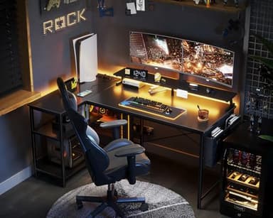 ODK 58 Inch Gaming Desk with USB Charging Ports and LED Lights, Reversible L Shaped Computer Desk with Storage Shelves & Monitor Stand, Corner Gamer Desk Table with Power Outlets, Black - Image 7