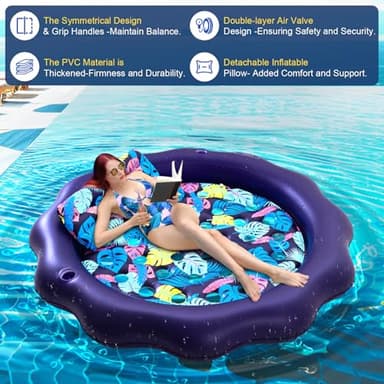 SUIMOT Inflatable Pool Floats Adult Size - 77" X-Large Heavy Duty Tanning Floating Mat Cooling Holes Lounger with Pillow, Pool Floaties Bed with Cup Holders for Backyard Swimming Pool Party, Purple - Image 3