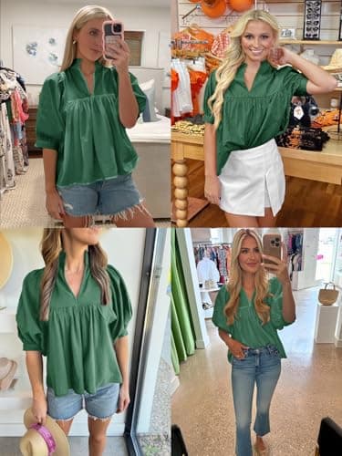 Cicy Bell Womens Puff Sleeve V Neck Blouse Babydoll Peplum Tops Dressy Casual Pleated Loose Fit Shirts Dark Green - Image 6