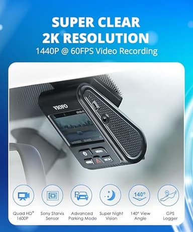 VIOFO Dash Cam A119 V3 2K 2560x1440P Quad HD+ 60FPS Front Car Dash Camera, 5MP STARVIS Sensor, 140-Degree Wide Angle, GPS Included, Buffered Parking Mode, True HDR, Motion Detection, Time Lapse - Image 2
