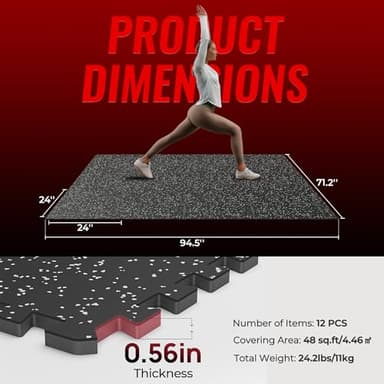 SUPERJARE 0.56'' Thick 12 Pcs 48 Sq Ft Rubber Top Exercise Equipment Mats, High Density EVA Foam Mats with Rubber Top, Interlocking Gym Flooring for Home Gym, Protective Workout Mat, Black/Grey - Image 3