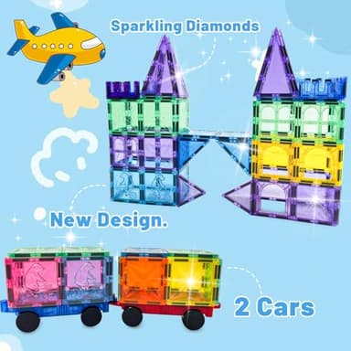 Magnetic Tiles, 100PCS Kids Magnetic Blocks Toy Set, Magnet Tiles 3D Clear Building Blocks Set with 2 Cars, STEM Sensory Educational Toys Gift for Toddlers Boys 3 4 5 6 7 8 9 - Image 3