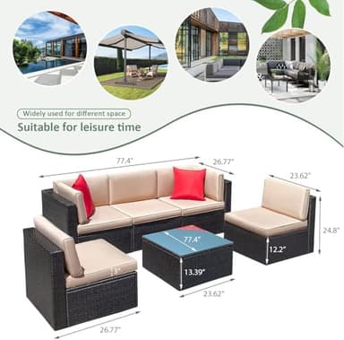 Devoko Patio Furniture Sets 6 Pieces Outdoor Sectional Rattan Sofa Manual Weaving Wicker Patio Conversation Set with Glass Table and Cushion (Beige) - Image 7