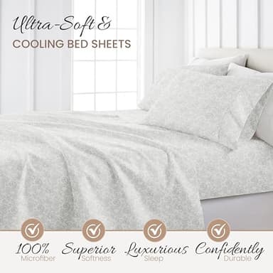 Linen Market Double-Brushed Patterned Microfiber Queen Sheet Set 4 Piece – Oeko-TEX Certified Ultra Soft & Wrinkle-Free - 16" Deep Pocket Sheets - Easy Care Queen Size - Coarse Paisley Light Gray - Image 3