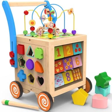 WOODMAM 9-in-1 Wooden Activity Cube | Wooden Baby Walker, Sit-to-Stand Learning Walker Activity Center, Early Educational Push & Pull Toys for Baby Toddler Boys Girls, Height & Brake Adjustable - Image 1