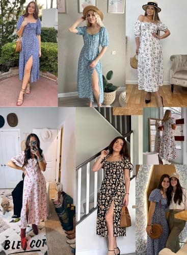 BLENCOT Casual Womens Summer Short Sleeve Square Neck Split Thigh Dress Boho Floral Print Tie Front Ruched Midi Dresses AP120White Large Size - Image 6