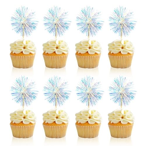 30PCS Foil Firework Cupcake Toppers, Takemay Happy Birthday White Cake Toppers, Sparkle Tinsel Flower Drink Stirrers Cocktail Food Fruit Toothpicks for Xmas Party Birthday Wedding Ceremony - Image 1