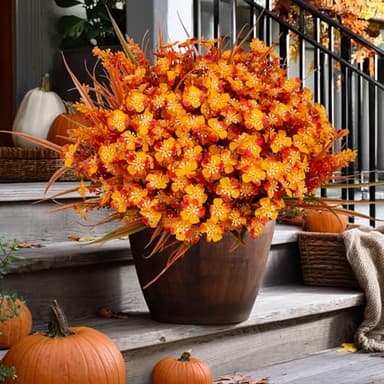 AXYLEX Artificial Fall Flowers Outdoor Fake Mums - 16 Bundles Fake Plants UV Resistant No Fade Faux Plastic Greenery Garden Porch Patio Fall Home Decor (1, OrangeGreen) - Image 6