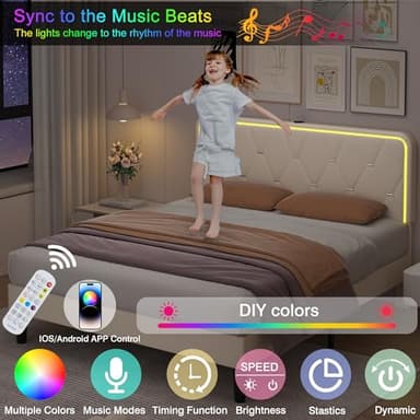 VECELO Upholstered Queen Bed Frame with Headboard Adjustable, Velvet Platform Beds with LED Lights, Charging Station, Mattress Foundation with Wooden Slats, Noise Free, No Box Spring Needed, Soft Grey - Image 3