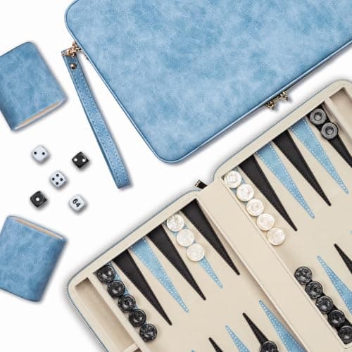 Lingle Backgammon Sets for Adults, Classic Board Game with Folding Leather Backgammon Case, Portable Travel Backgammon Game Set (Blue) - Image 1
