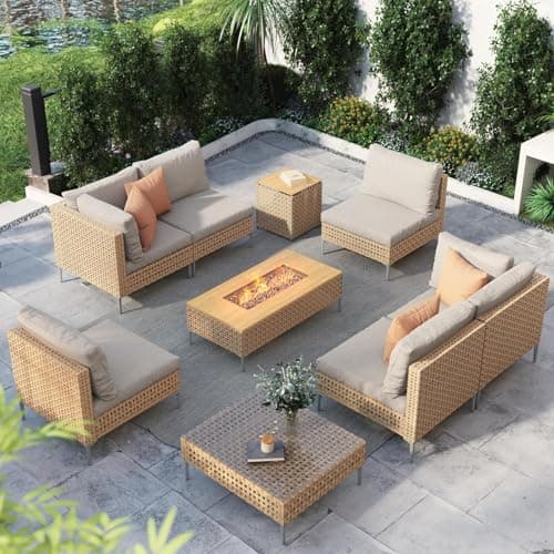 Grand patio 9-Piece Patio Furniture Set with 47" Fire Pit Table, Outdoor Conversation Set & 50,000 BTU 47 Inch Rectangle Propane Fire Pit & Storage Box with Water Resistant Thick Cushions, Cream - Image 1