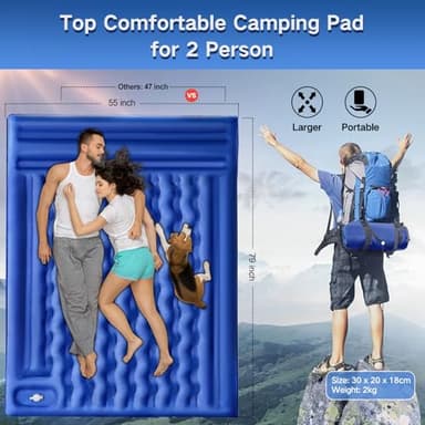 FNARMW Double Sleeping Pad Camping, Self Inflating 6'' Extra-Thick 2 Person Pillow Built-in Foot Pump Waterproof Inflatable Sleeping Mat Backpacking, Tent, Hiking, Portable Camping Pad (Navy Grey) - Image 4