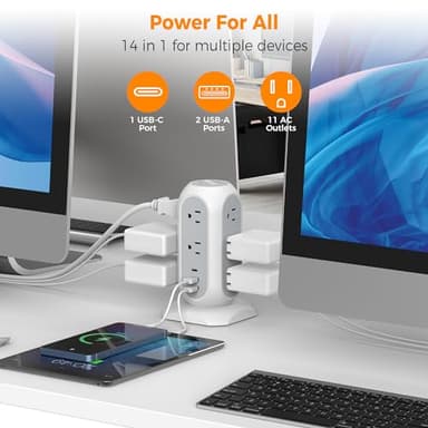 Tower Power Strip Flat Plug with 11 Outlets 3 USB (1 USB C), TESSAN Surge Protector Tower 1625W/13A,1050J Protection, 6 Feet Extension Cord with Multiple Outlets, Office Desk Supplies, Dorm Essentials - Image 6