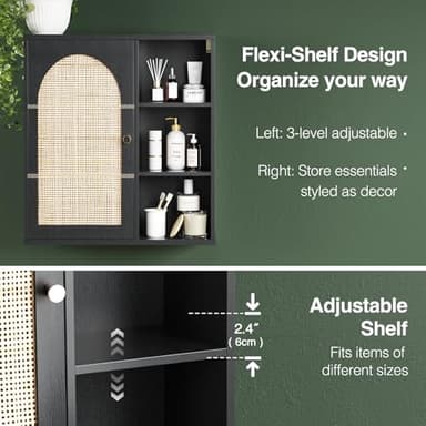 Rattan Bathroom Wall Cabinet, Boho Medicine Wall Cabinets with Door and Adjustable Shelves, Tall Kitchen Wall Mounted Storage Cabinet, Floating Hanging Cabinet Space Saver for Laundry Room,Black - Image 5