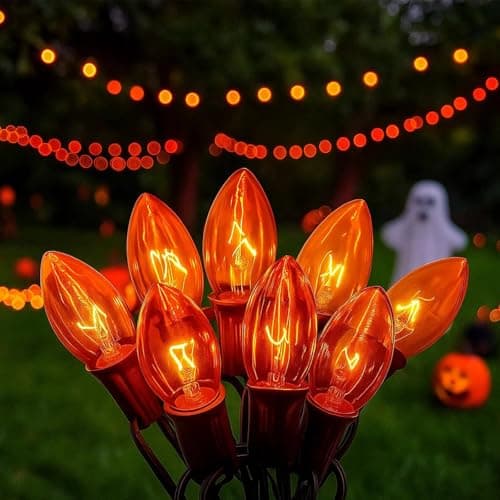 Konictom C9 Clear Orange String Light, 25Ft Outdoor Halloween Light String with 25 Clear Edison Bulbs, C9 Vintage Glass Hanging Lights for Patio Halloween Party Holiday Decor, C9/E17 Base, Black Wire - Image 1