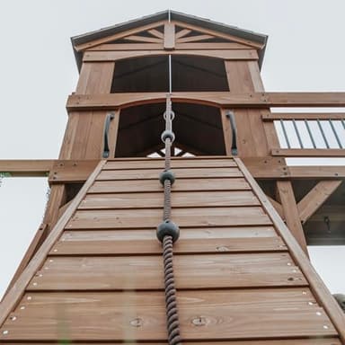 Backyard Discovery Sterling Point Cedar Wood Swing Set with Wave Slide, Raised Clubhouse, Wooden Bridge, Rock Wall, Belt Swings, Web Swing, Trapeze, Balcony, Climbing Wall, Ladder, Outdoor Playset - Image 7