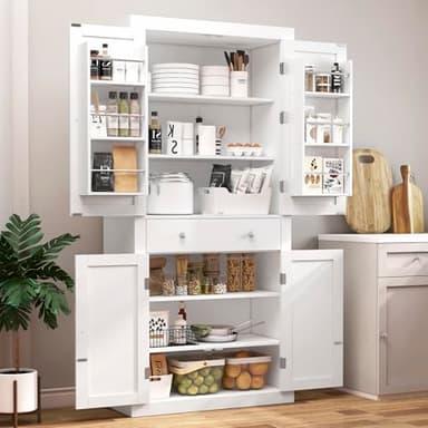 usikey 72” Pantry Cabinet, Tall Kitchen Storage Cabinet with 4 Doors and 1 Drawer, Cupboard with 6 Hanging Shelves and Adjustable Shelves for Kitchen, Dining Room, Living Room, White - Image 9