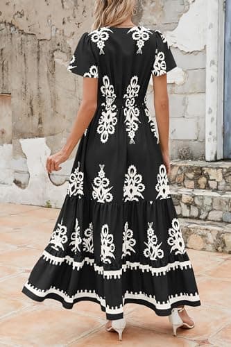 PRETTYGARDEN Womens 2025 Summer Casual V Neck Boho Maxi Dress Flowy Aline Bell Sleeve Tiered Floral Dresses with Pocket (Floral Black White,X-Large) - Image 2