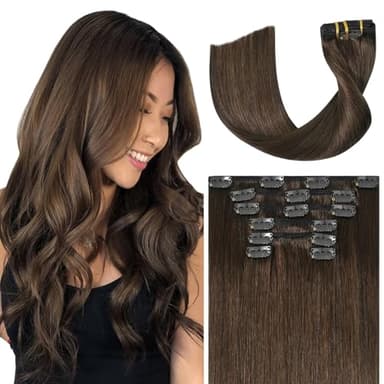 Ukira Brown Clip in Hair Extensions Real Human Hair, 22 Inch 75g Medium Brown Human Hair Clip in Extensions, Soft Straight Remy Human Hair Clip ins for Women Chocolate Brown Hair Extensions - Image 1