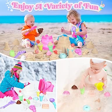 Collapsible Beach Toys Set for Kids Toddlers Girls, Collapsible Sand Bucket and Shovels Set with Mesh Bag & Sand Molds, Ice Cream Travel Sand Toys for Beach, Sandbox Toys for Toddlers Kids Age 3-10 - Image 6