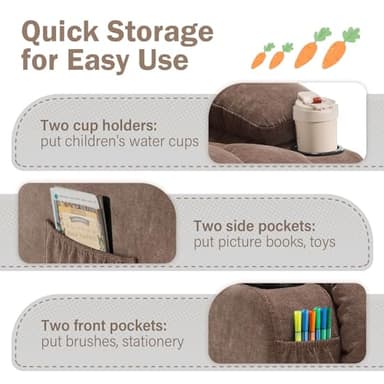 BOSMILLER Kids Recliner Chair, Push Back Toddler Recliner with Cup Holders & Side Pockets, Adjustable Footrest & Headrest Kids Sofa for Boys Girls 3+ Age Group (Light Brown) - Image 5