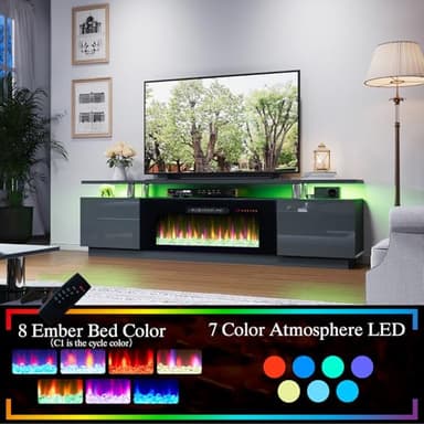 AMERLIFE Fireplace TV Stand with 40" Fireplace, 80" Modern High Gloss Fireplace Entertainment Center LED Lights, 2 Tier TV Console Cabinet for TVs Up to 90", Grey - Image 4