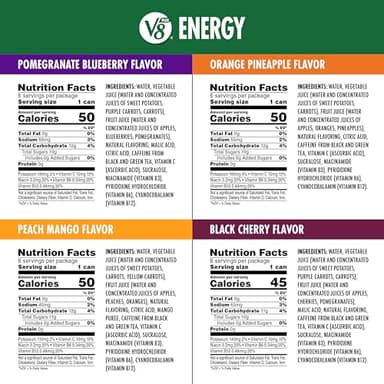 V8 +Energy Peach Mango, Orange Pineapple, Black Cherry and Pomegranate Blueberry Juice Energy Drinks, 8 fl oz Can (24 Pack) - Image 5
