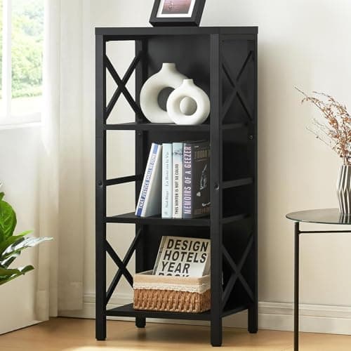 MNEETRUNG Small Bookshelf,4 Tier Industrial Bookcase with Metal Frame and Backboard,Narrow Black Book Shelf,Office Book case for Small Spaces,Living Room,Bedroom and Home Office - Image 1