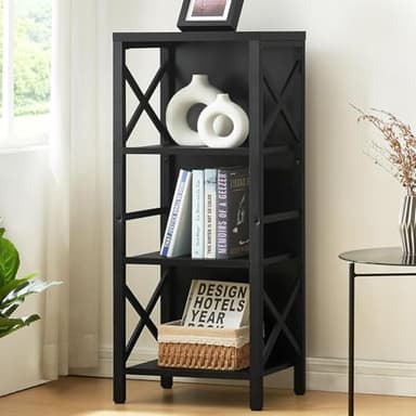 MNEETRUNG Small Bookshelf,4 Tier Industrial Bookcase with Metal Frame and Backboard,Narrow Black Book Shelf,Office Book case for Small Spaces,Living Room,Bedroom and Home Office - Image 1