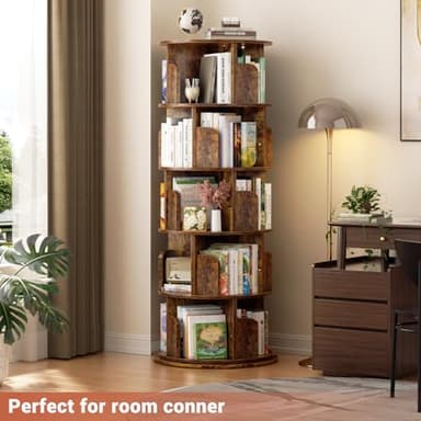 Besiost Rotating Bookshelf Tower, 5 Tier Spinning Bookcase, Revolving 360 Book Shelf Narrow Tall Bookcase, Vertical Turning Round Bookshelf Organizer, Corner Book Shelf for Small Space, Rustic Brown - Image 2