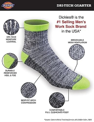 Dickies Men's Dri-Tech Moisture Control Quarter Socks (6, 12, 18 Pairs), Hi -Vis Yellow Black (6 Pairs), X-Large - Image 2