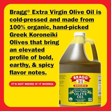 Bragg Organic Extra Virgin Olive Oil – Made with Greek Koroneiki Olives – Cold Pressed EVOO for Marinades & Vinaigrettes – USDA Certified, Non-GMO, Kosher (128 fluid Ounce) - Image 3