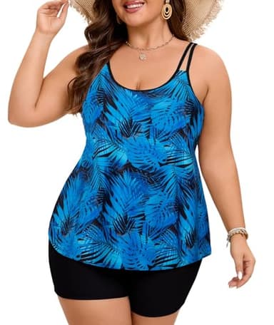 Arolina Women's Tankini Swimsuits Scoop Neck Adjustable Straps Bathing Suit Fashionable Beach Tankini Sets Blue Leaves Large - Image 4