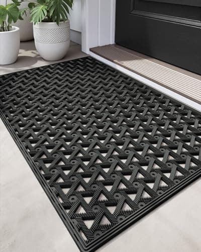 DEXI Front Door Mat Outside Entrance,19x30 Rubber Floor Doormat Heavy Duty Non Slip, Dirt Trapper Waterproof Exterior Entry Mats All Weather for Patio Entryway Drainage, Black - Image 1