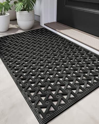 DEXI Front Door Mat Outside Entrance,19x30 Rubber Floor Doormat Heavy Duty Non Slip, Dirt Trapper Waterproof Exterior Entry Mats All Weather for Patio Entryway Drainage, Black - Image 1